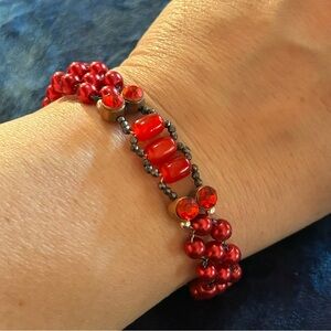 Handcrafted ruby red Czech glass pearl cat eye glass seed bead lattice bracelet